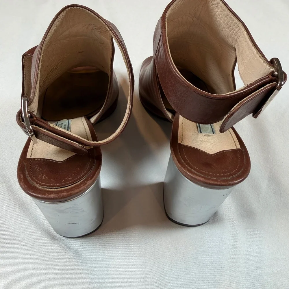 Prada Brown Leather Peep Toe Cutout Ankle Boots Silver Mirrored Block Heel Sz 38